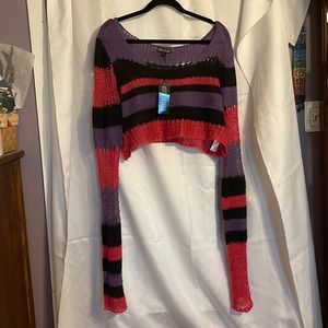 Dolls Kill XL striped crop extra long arm sweater in pink, purple and black